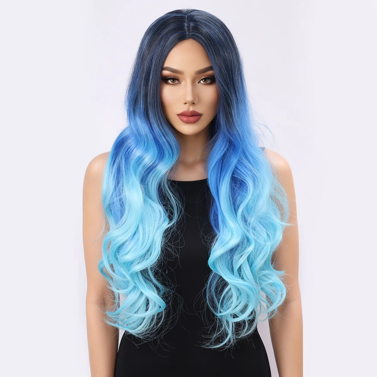 Cross border European and American fashion blue gradient large wave mid length wig-Synthetic fiber wig