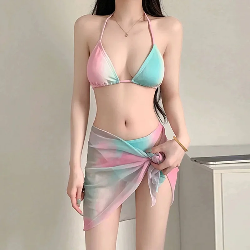 Sexy Gradient Bikini 3 Piece Set Women Fashion Halter Neck Tie 3 Piece Swimsuit Sweet Beach Vacation Mesh Sheer Swimsuit Set