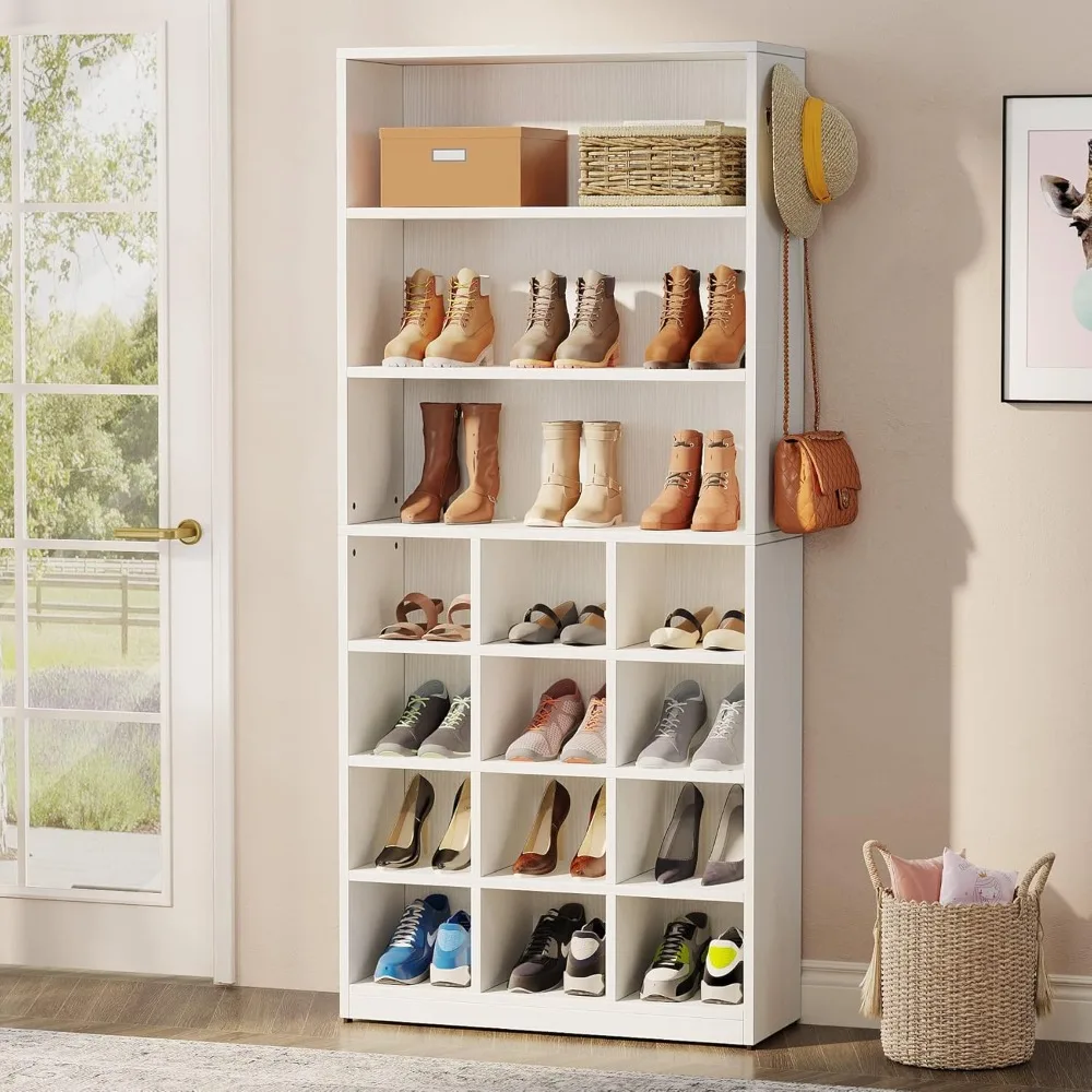 24 Pair Freestanding Shoe Rack Storage Organizer with Side Hooks, Modern Shoe Storage Cabinet