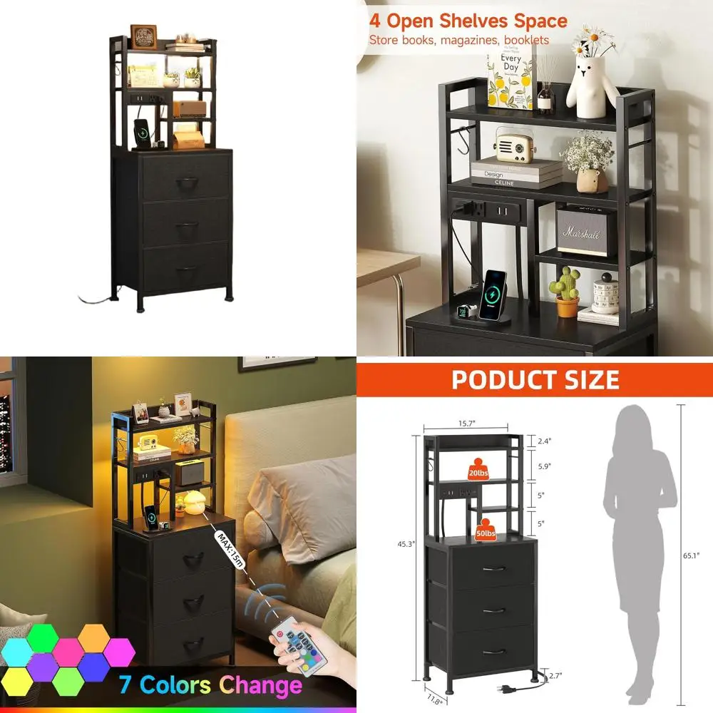 

Black 45.3 LED-lit Charging Station Nightstand with 4-Tier Shelves & 3 Fabric Drawers for Bedroom, Hallway, and Office