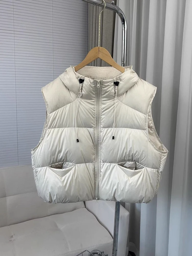 Otoño Invierno chaleco suelto con capucha mujer engrosamiento cálido acolchado chaleco abrigo mujer pato blanco abajo chaleco sin mangas con cremallera