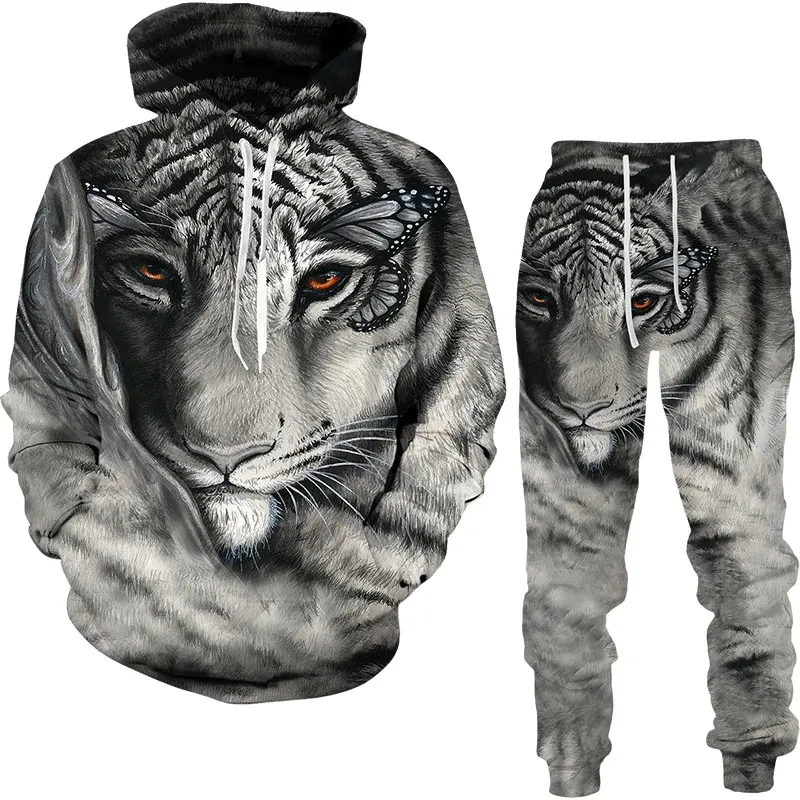 Men\'s Hoodies Sweatshirts Pants Suits White Tiger Graphic 3D Print Man Women Tracksuit Outfits Fashion Men\'s Clothing 2Pcs Sets