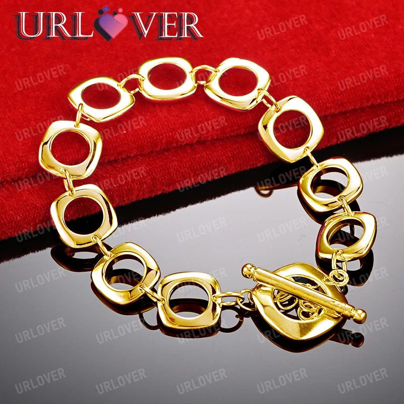 

URLOVER 18K Gold Bracelet For Woman Square Hollow Bracelets Party Wedding Engagement Christmas Fashion Jewelry Birthday Gift