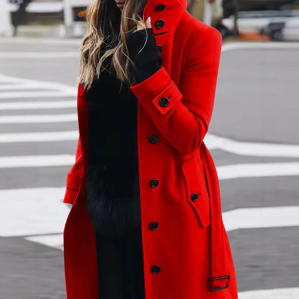 Women's Coats Winter 2025 Edgy Chic Solid Color High Neck Long Sleeve Longline Button Front Trench Coat