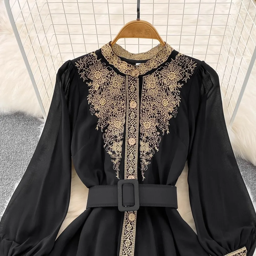 2024 autunno di alta qualità colletto alla coreana abiti camicia Vintage donna fiore ricamo Chiffon monopetto cintura nera abiti