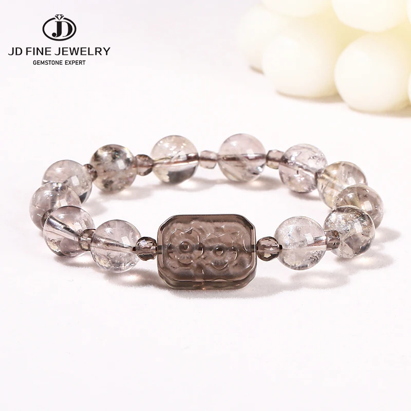 

JD Natural Astrist Smoky Quartz Ice Obsidian Flower Rectangular Design Bracelet Women Good Lucky Stretch Bangles Balance Jewelry