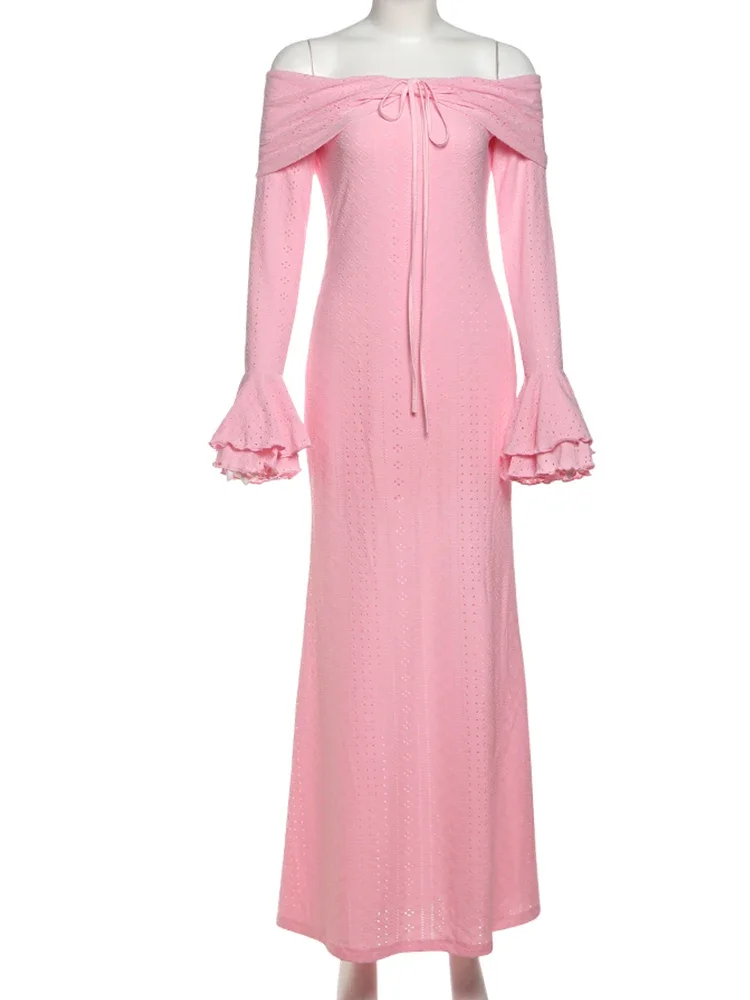 kliou gaten uitgesneden dames maxi-jurk hipster klassiek off-shoulder ruche volledige mouw bandage rechte vestidos dame streetwear