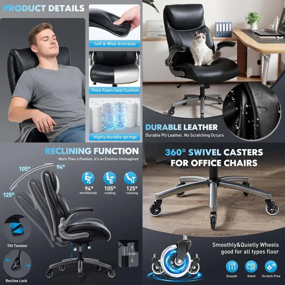 

Ergonomic High-Back Office Chair with Lumbar Support, Heavy Duty Computer Desk Chair, Flip-Up Arms, PU Leather, Black