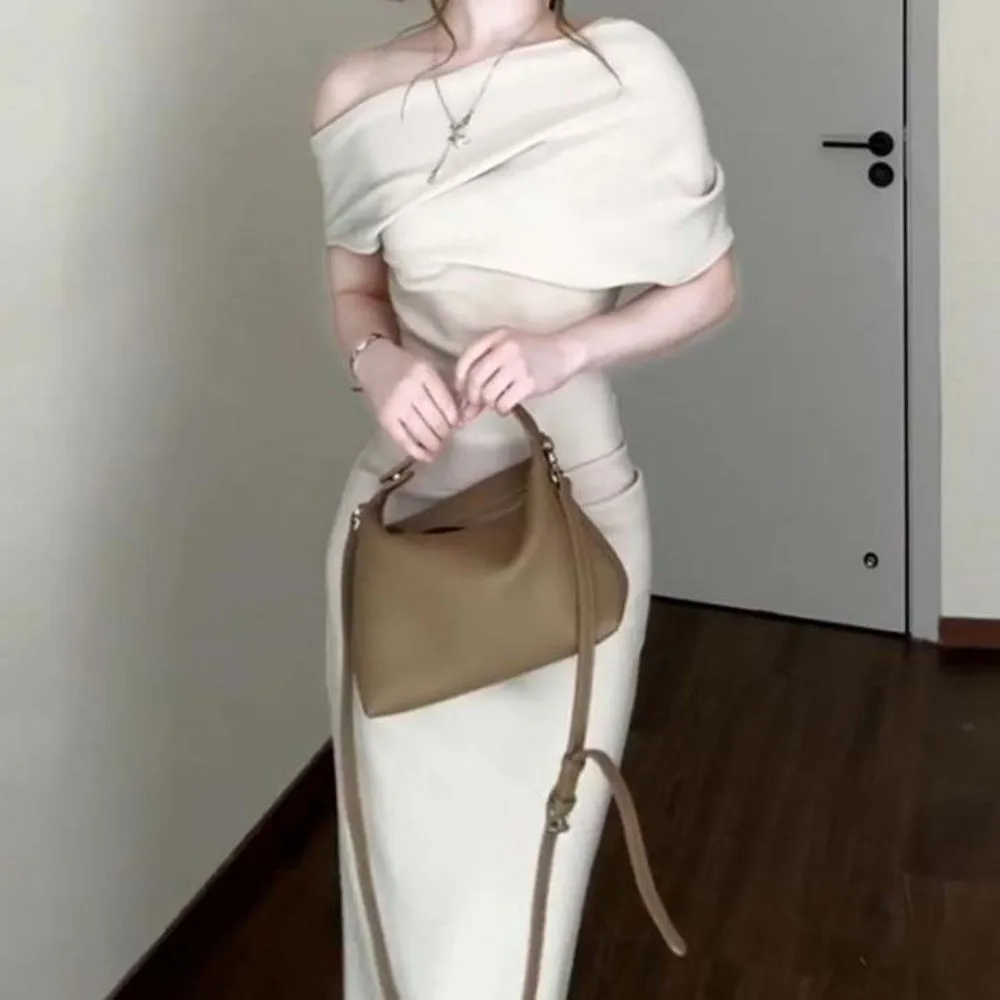 فستان طويل مائل الكتف طويل بلون مزاجه سليم صالح تنورة طويلة البيج المشمش قبالة الكتف فستان النمط الكوري #1