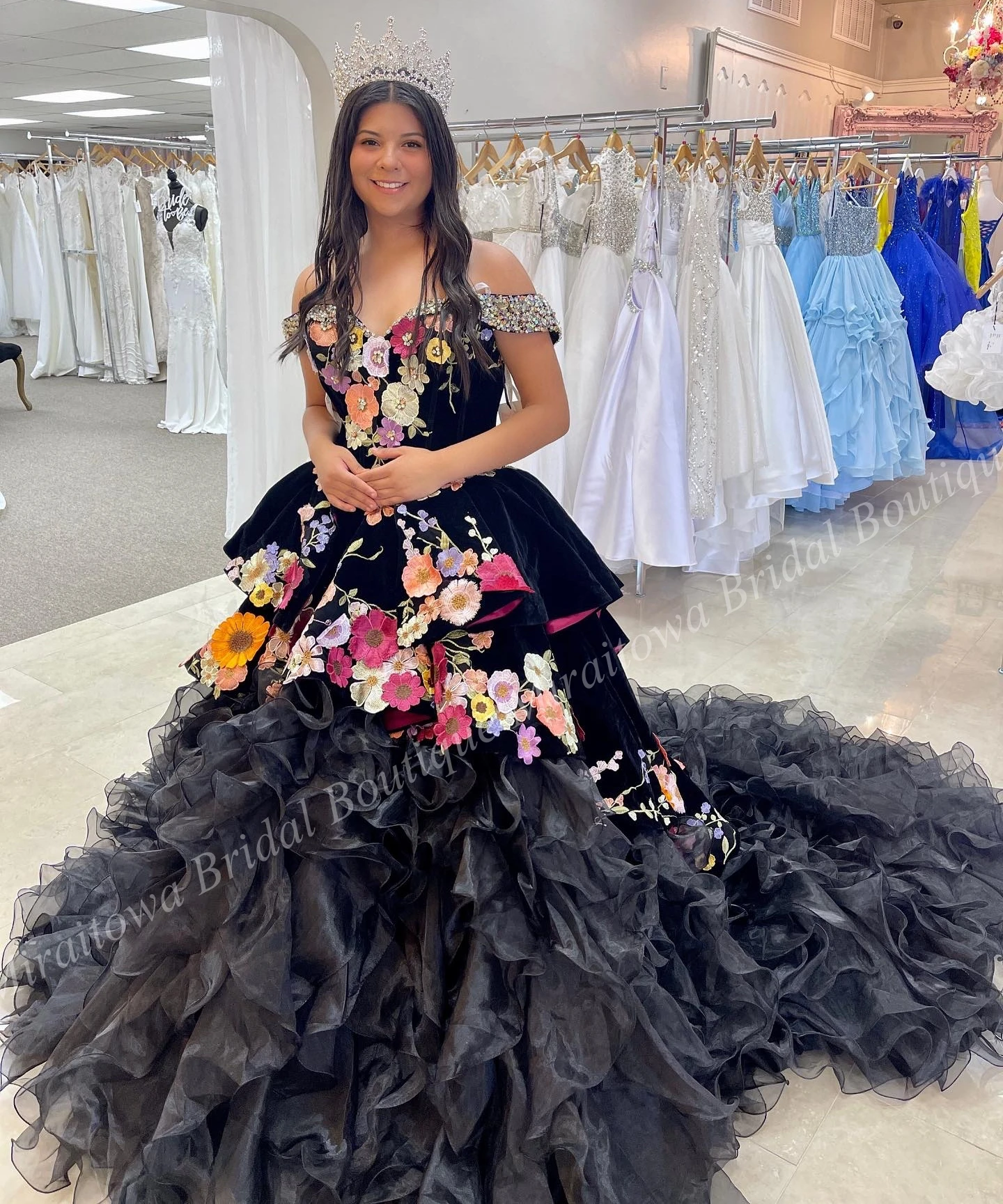 Off-Shoulder Quinceanera Dress Ruffled Floral Ball Mexican Quince Charro Sweet 15 Birthday Party Gown for 15th Girl Drama Gala