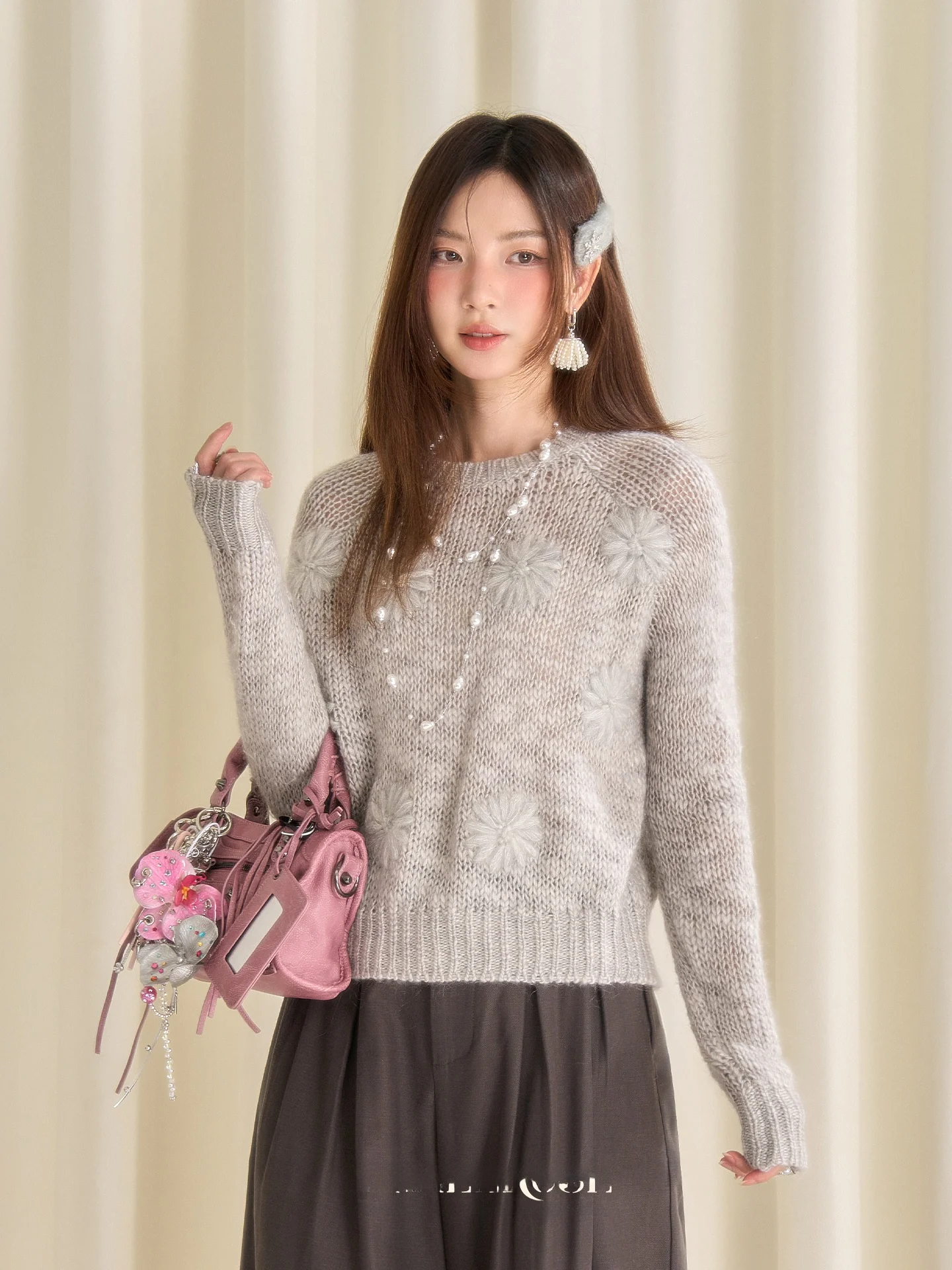 

Lycheerose Women's Knitted Sweater ey Hook Flower Design Long Sve round Ne Soft Wool Blend Inner Wear Outer Wear