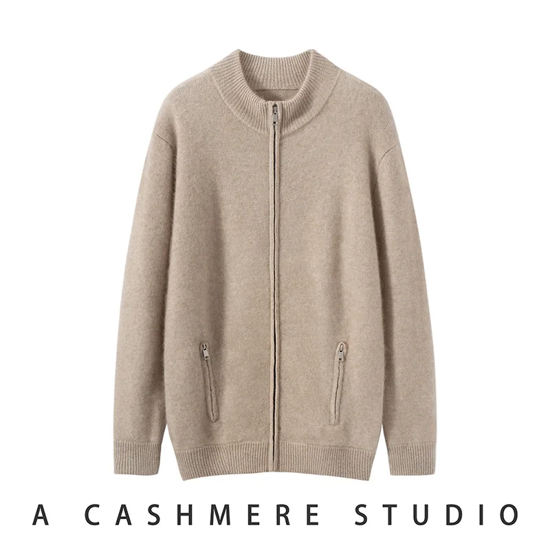 

ADDONEE Heavyweight Men's 100% Cashmere Cardigan Coat Zipper Mock Neck Cashmere Sweater Autumn Winter Smart Casual Style Clothes