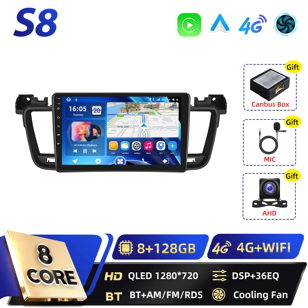 Podofo Qualcomm 8-core 2-DIN Android autoradio voor Peugeot 508 2012-2016 met BT, Carplay, FM, Android Auto, WIFI, GPS, RDS en DSP