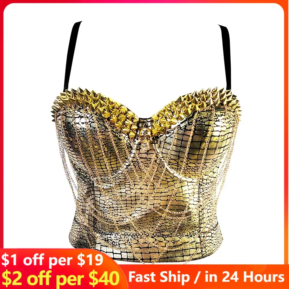 

Sexy Sequined Chain Fish Bone Corset Bra with A High-quality Anti Stray Light Golden Body Wrap Womens Tops Hot Tank Top Bar Wear