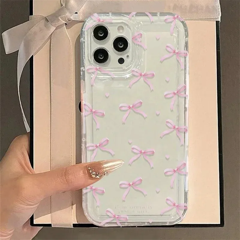 Cute Pink Heart Bow Phone Case for IPhone 17 16 15 14 13 12 11 Pro Max 13 12 Mini 17Air 16e Shockproof Soft Clear Cases Coque - náhled 6