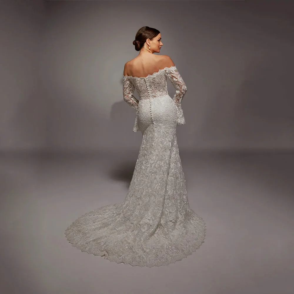 Vestido FORU elegante vestido de noche de encaje hasta el suelo cuello de una palabra fiesta de graduación rebordear sirena Abiti Da Sposa personalizado