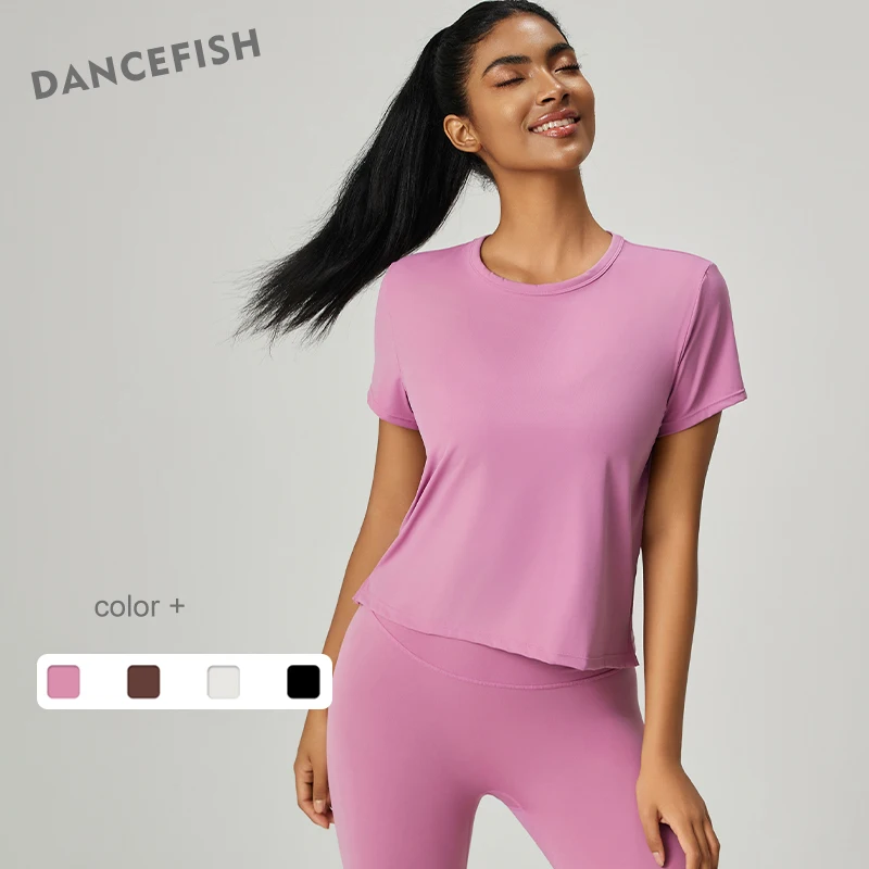 

DANCEFISH Round Neck Loose Soft Top Women Summer Slimming Beautiful Back Sports With Split Hem Yoga Fitness Short Sleeve T-Shirt