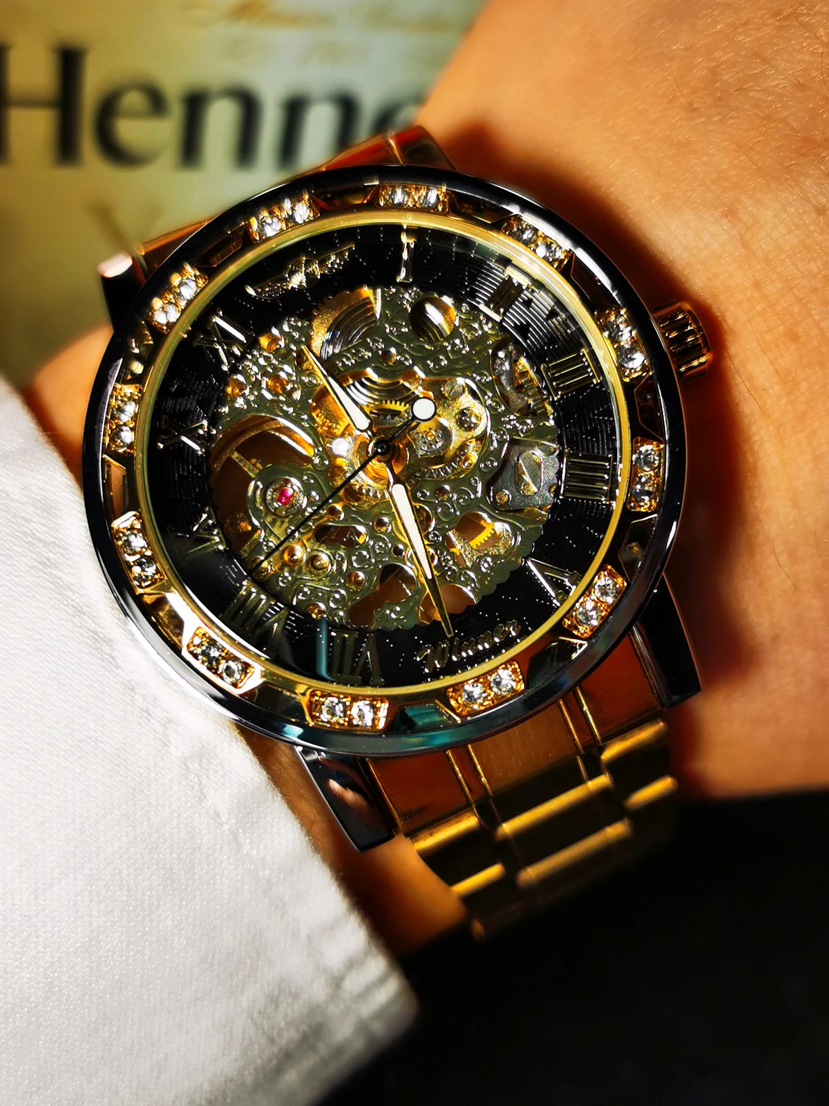 WINNER Unisex Classic Skeleton Mechanical Watch for Men Luxury Retro Iced Out Black Gold Watches Stainless Steel Strap Luminous