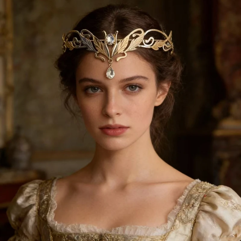 Vintage Elven Leaf Crown Women Goddess Water Drop Headband Alloy Retro Tiara Fantasy Medieval Cosplay Hair Accessories Jewelry