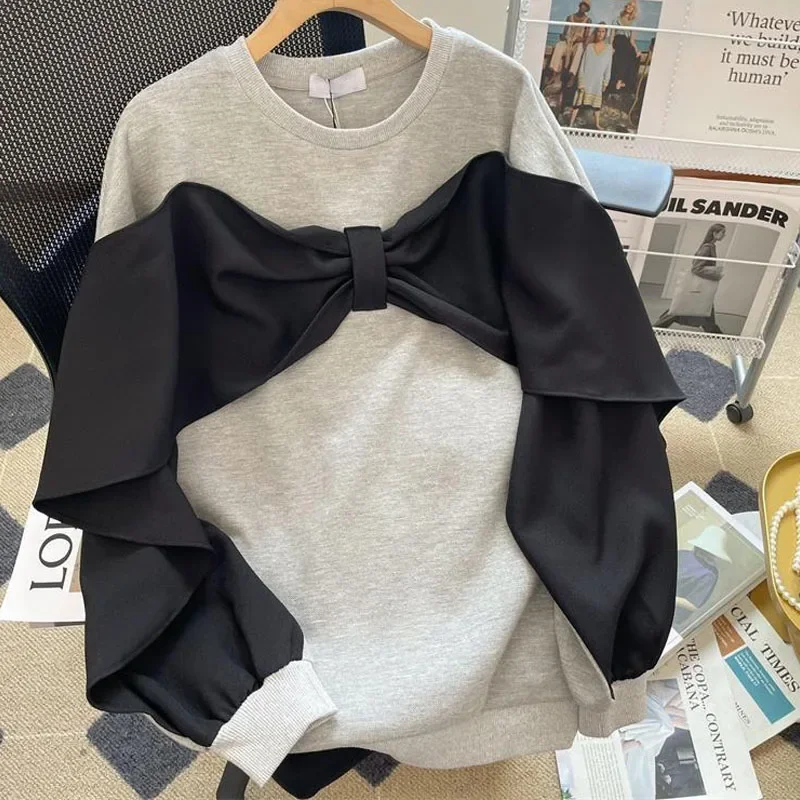 Spring Fashion Fake Two Pieces Loose Large Spliced Bow Versatile Foreigner Round Neck Women\'s Long Sleeve Sweater E563