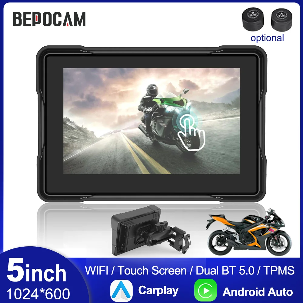 

Портативный цифровой мотоциклетный GPS-навигатор BEPOCAM 5.0 дюймов с беспроводным CarPlay и Android Auto, сенсорный дисплей