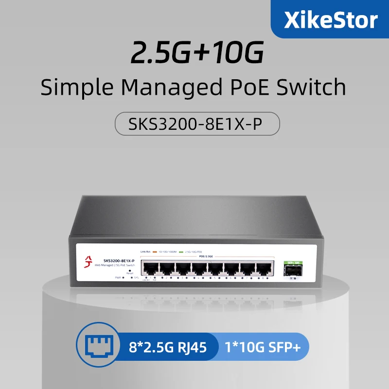 XikeStor 2.5G Switch 9 Ports Simple Managed PoE Ethernet Switch 8-Port 2.5G RJ45 1-Port 10G SFP+Support VLAN