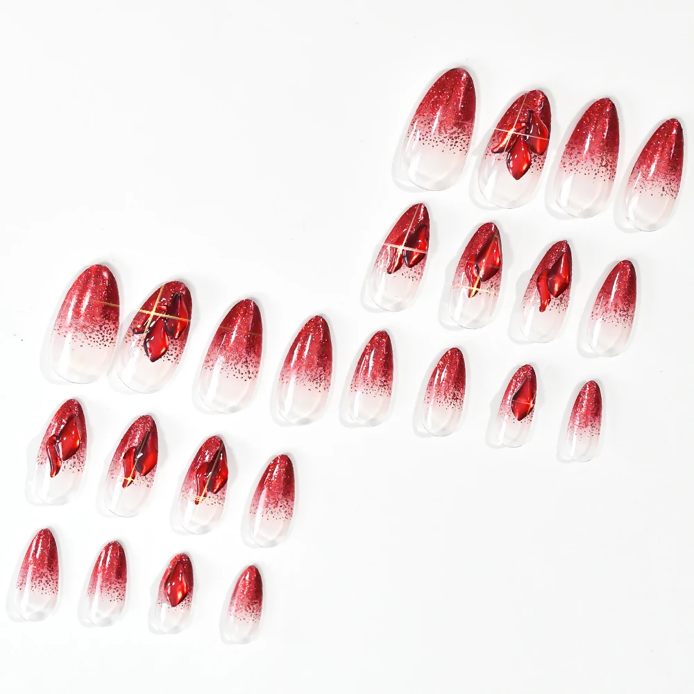 24 szt. Sztuczne paznokcie 3D z czerwonymi cyrkoniami, ręcznie robione, krótkie, migdałowe, do naklejania, na Walentynki, święta, Nowy Rok, sztuczne końcówki paznokci TD