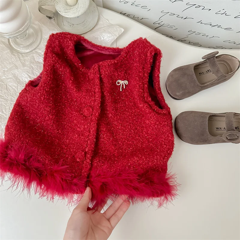 2024 Autumn Winter Children Girls Waistcoat Plus Velvet Solid Embroidey Knotbow Warm Baby Girl Vest Toddler Girl Sleeveless Coat