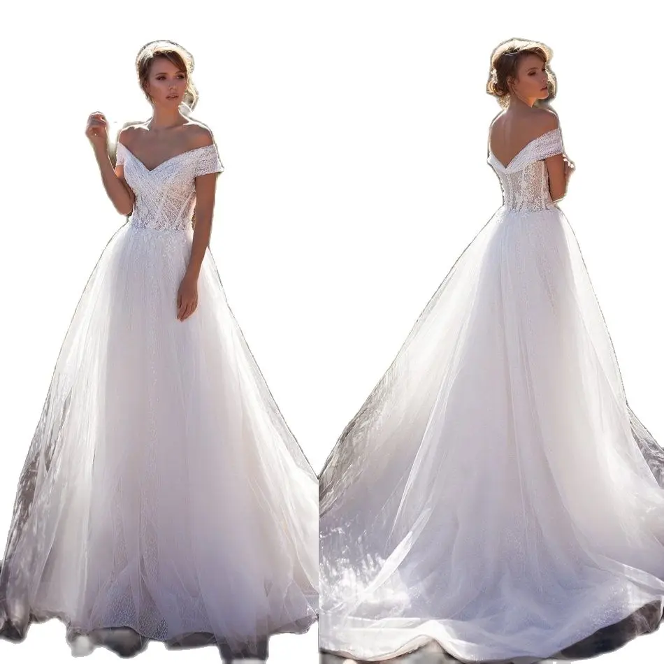 Thiết Kế Váy Áo Lệch Vai Ren Appliques Cô Dâu Áo Choàng Gợi Cảm Hở Lưng Càn Quét Tàu Chữ A Vestidos De Novia