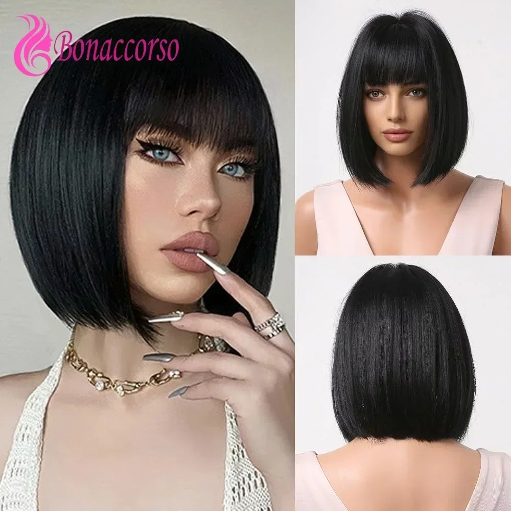 Bob Fashion Synthetic Short Straight Wigs Blunt Bangs For Women 12 Inch Heat Resistant Fiber Cosplay Wig Daily Party And Use