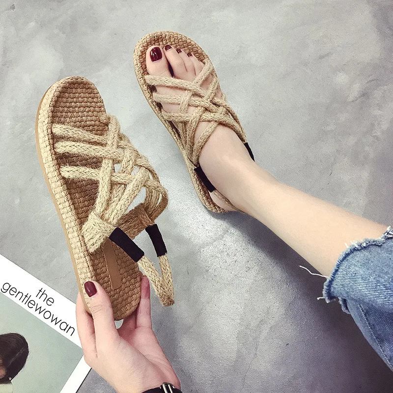 

2025 Women's New Hemp Braided Roman Sandals Women's Flat Beach Sandals External Sandals