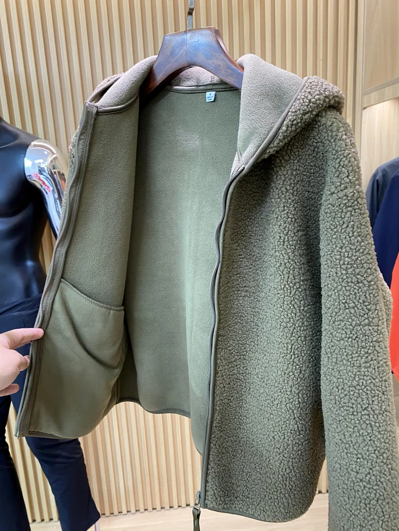 Thiened 両面フェイクシープスキン ロングスベ ジッパーコート 暖かい ルーズフィット 通勤用 スレ ポリエステル繊維 オルト アウターウェア