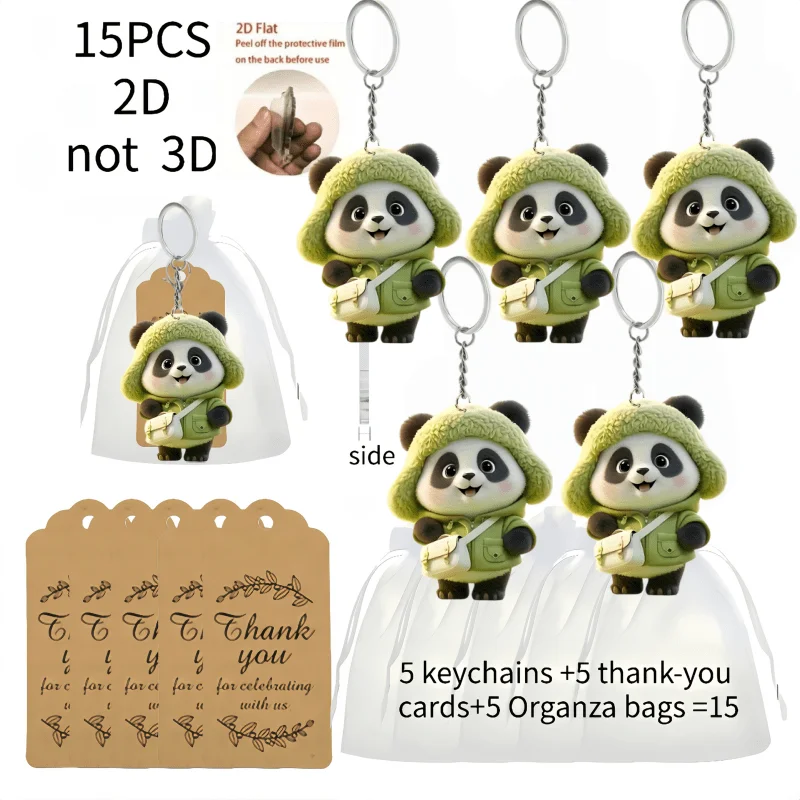 5sets Kawaii Panda Keychain Including 2D Pendant & Thank You Cards & Gift Yarn Bags Party Souvenirs For Friends Women Family