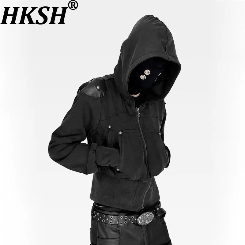 HKSH Spring Autumn New Men Tide Chic Ins Washed Leather Shoulder High Street Hooded Pocket Zipper Sweatshirt Jacket Dark HK27550