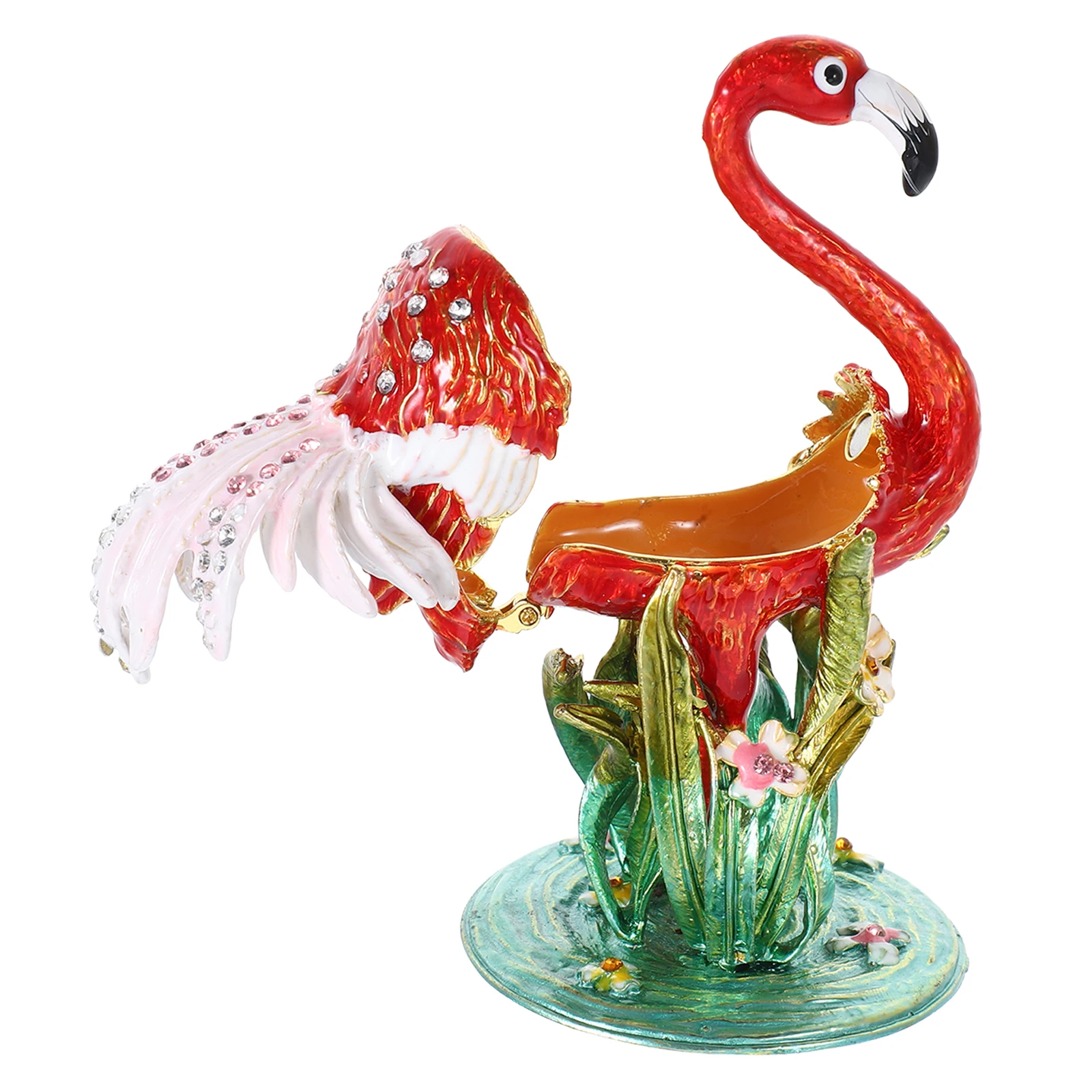 

Flamingo Jewelry Box Red Vintage Metal Hand Painted Enamel Trinket Organizer Ring Earrings Keepsake Desktop Decoration