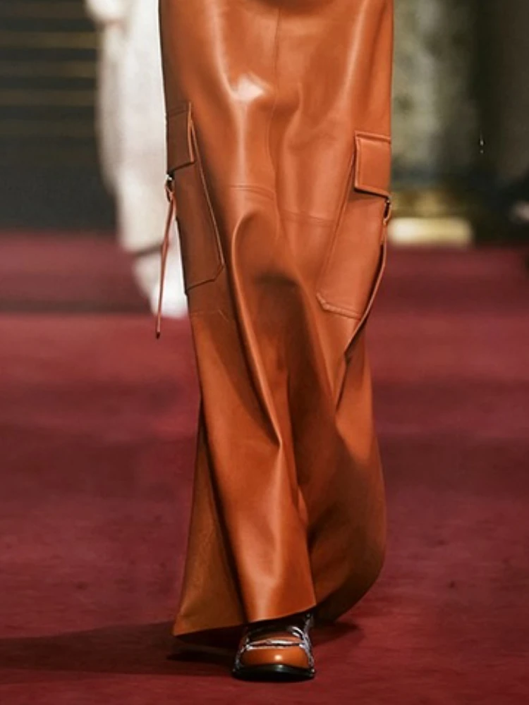 Beautyblue Caramel PU Long Skirts for Women Elegant High Waisted A-Line Column Pockets Leather Trands Female Maxi Skirts Bottoms