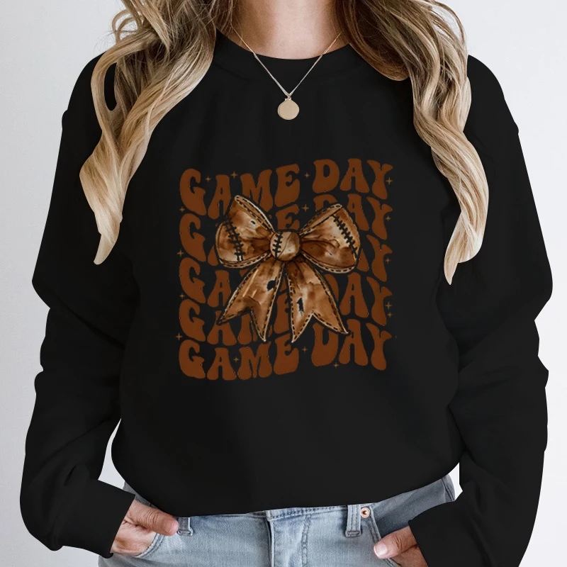 Fashion Fall Bow Game Day Print Pullovers For Women Winter And Autumn Casual Round Neck Hoodless Sweatshirts Pure Color Pullover