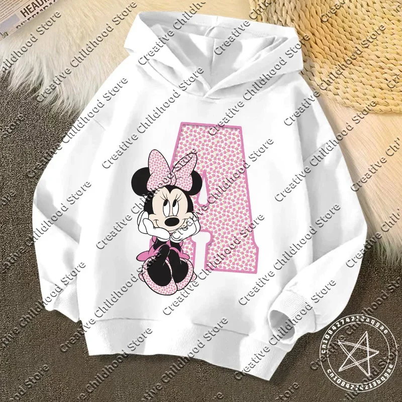 Disney Minnie Children\'s Hooded Hoodies Letter Sweatshirt Kawaii Pullover Anime Manga Cartoon Girls Boys Kids Casual Clothin