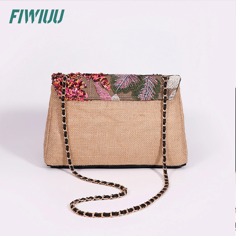 FIWIUU Women\'s Original Flap Bag Crossbody Sequin Chain Bag Floral Handbag Handwoven Embroider Shoulder Bag