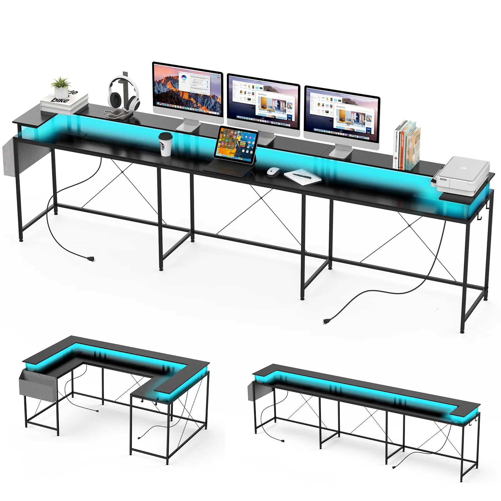 

Modern L-Shaped Computer Desk Table LED Lights, Power Outlet Storage Shelves Office Gaming Working Rustic Home