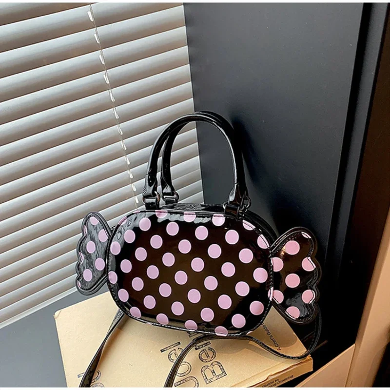 Ausgefallene Bonbon-Bartform Gepunktete Crossbody-Schultertasche, Damen-Umhängetasche, Leichte Handytasche, Niedliche Farbkontrast-PU-Handtasche – Detail 6