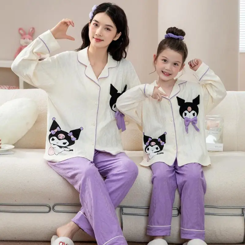 Sanrios Cartoon Pure Cotton Pajamas Girl Long Sleeves Child Spring Autumn Parent-Child Mother and Daughter Lounge Clothes Suit