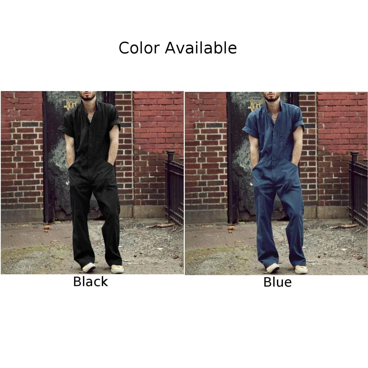 Men\'s Short Sleeve Solid Color Overalls Pants Fashion Streetwear Zip Pocket Laper Jumpsuit Workwear Overalls Trousers Clothing