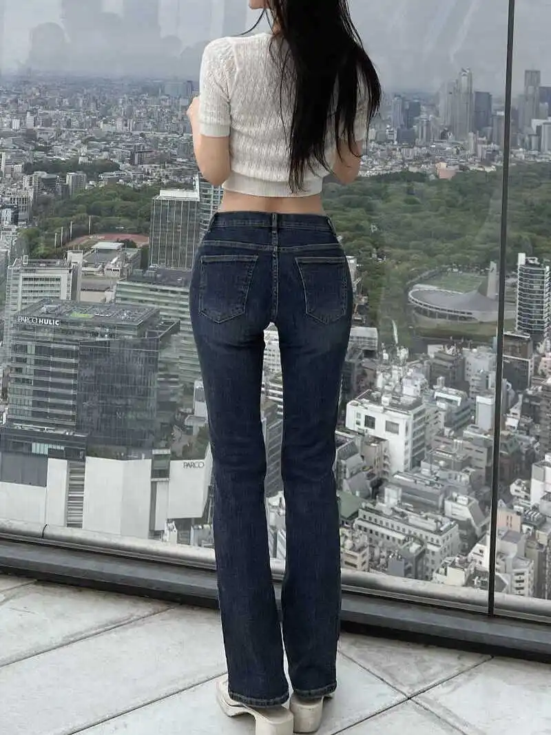 Calças Jeans Flare de Cintura Baixa para Mulheres, Alta Elasticidade, Aumenta o Quadril, Calças de Perna Reta, Calças Longas ...