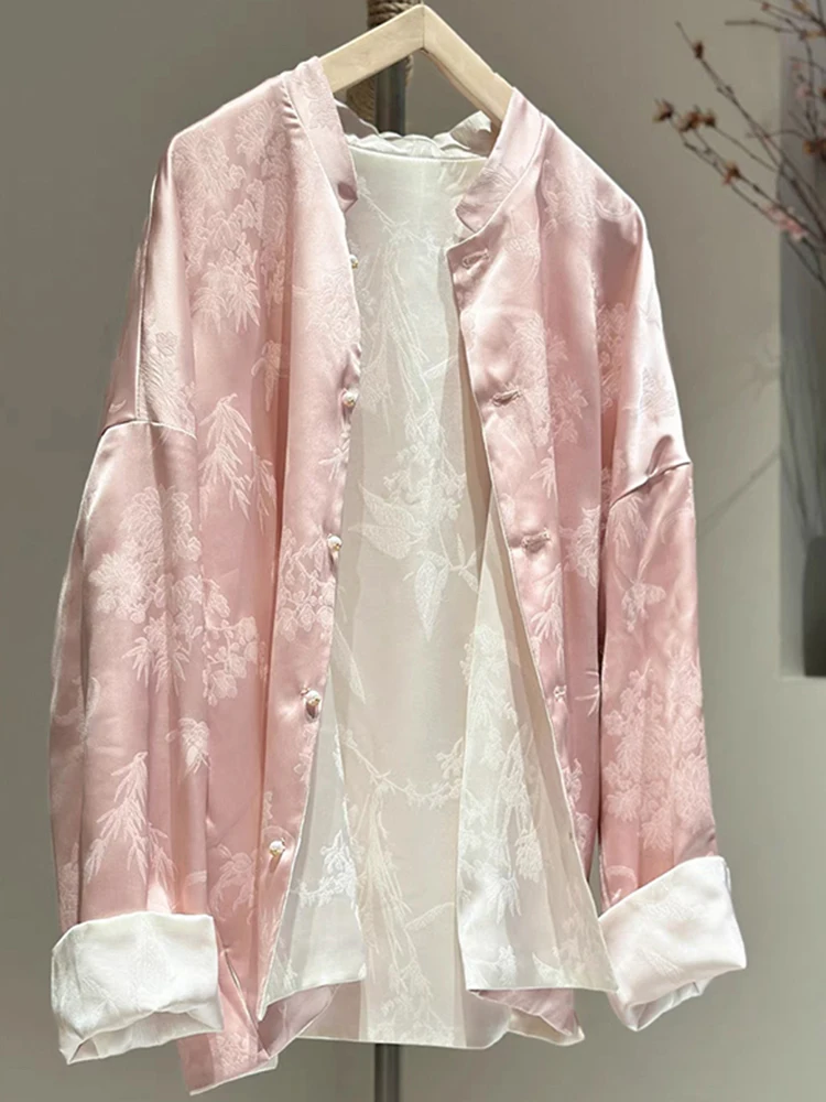 

New Chinese Sle Long Sve irt Women's Loose Fit Stand Collar Double Sided Wear Spring 2025 Ele Reformed Tang Costume