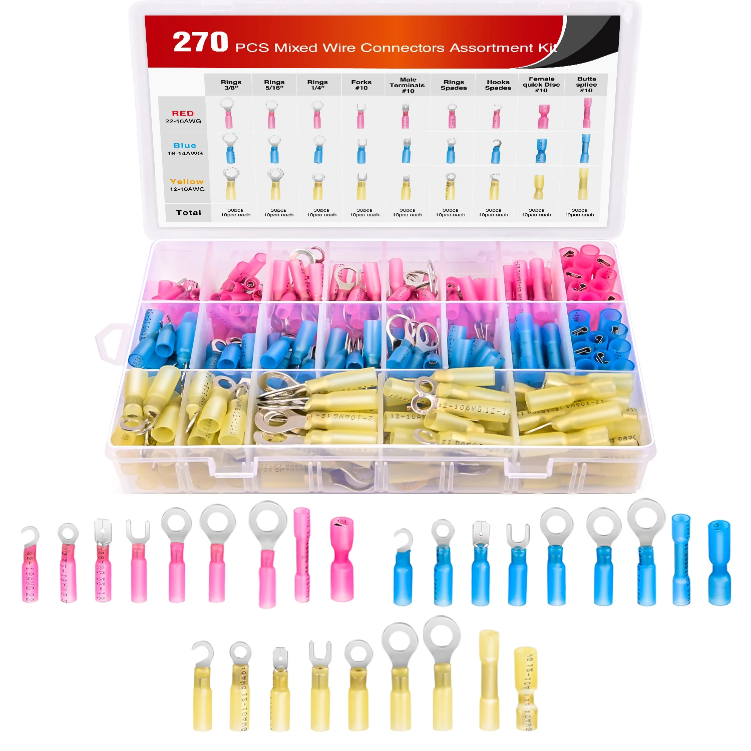 Nilight 160PCS Male Female Nylon Fully Insulated Crimp Terminals | Electrical Spade Connector 3 Sizes Easy Connect and Disconnect Assortment Kit for 22-18AWG 16-14AWG 12-10AWG Wires 270/540 pcs