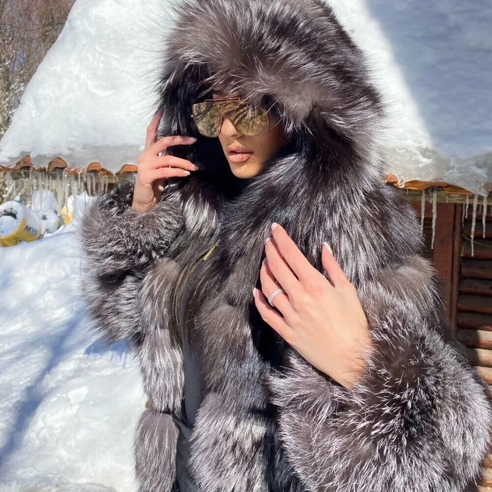 Luxury Women Full Pelt Real Silver Fox Fur Coats Jacket Fluffy Hooded Overcoat luxurious authentic genuine fur coats new