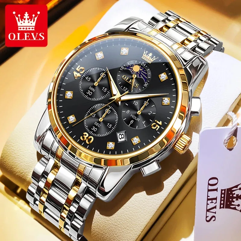 

OLEVS 3652 Quartz Fashion Watch Gift Stainless Steel Watchband Round-dial Wristwatch Chronograph Luminous Small second