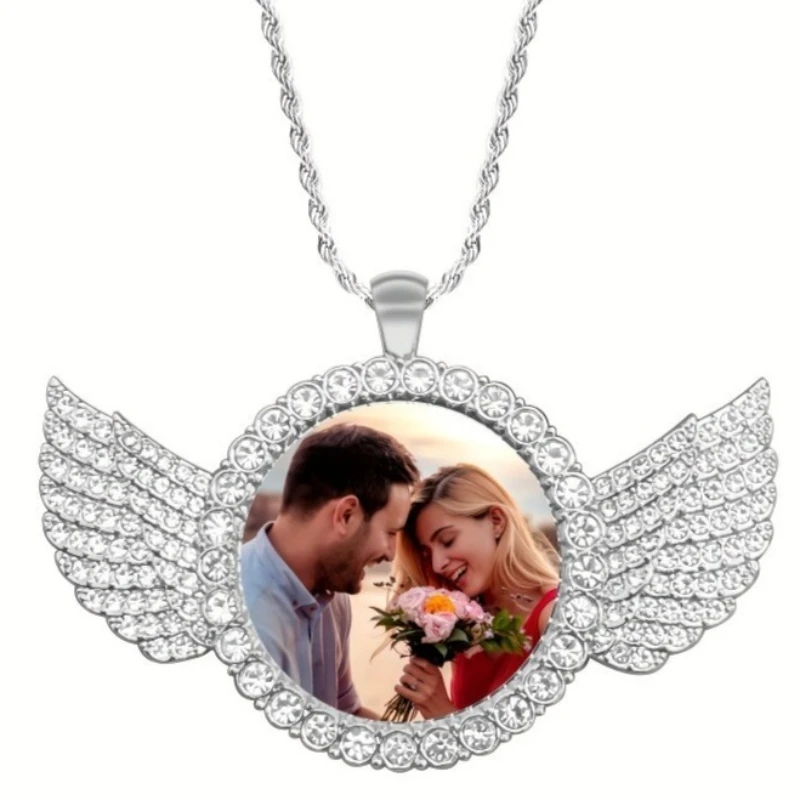 Custom Angel Wing Round Photo Necklace - Personalized Unforgettable Memories Picture Pendant Jewelry Perfect for Anniversary Gif