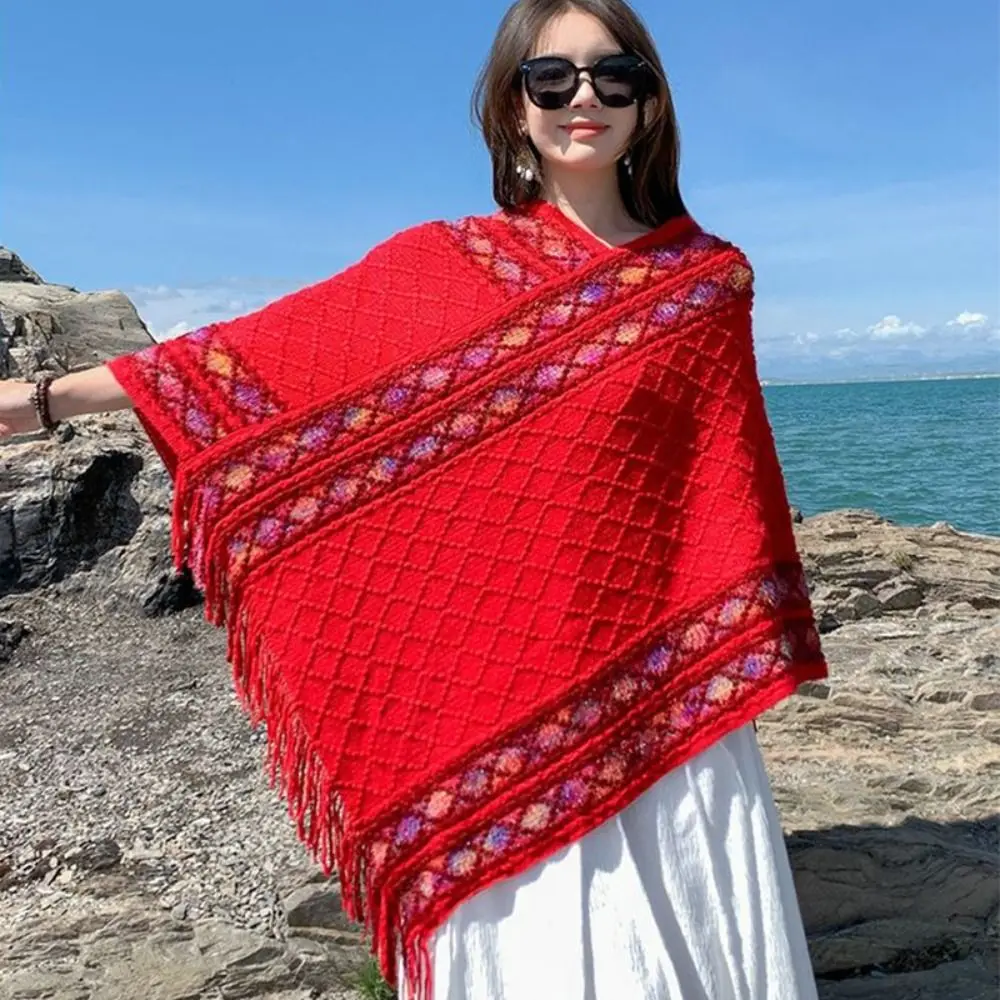 أنيقة الطباعة العرقية نمط وشاح المعينية شريط محبوك كيب موضة بوهيميا شرابة الأوشحة السفر عطلة #2